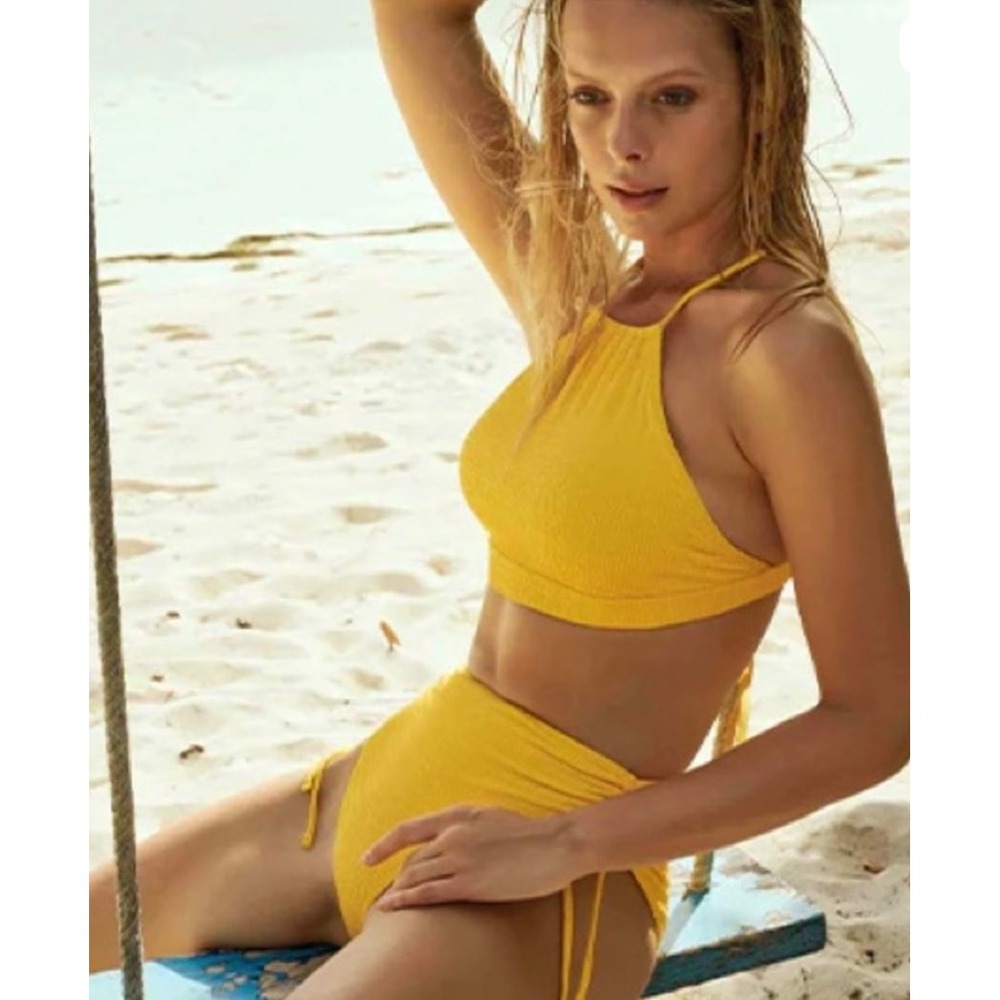 NWT WET Swimwear Yellow Textured High Waisted Bikini Bottoms Ruched‎ Side Ties M